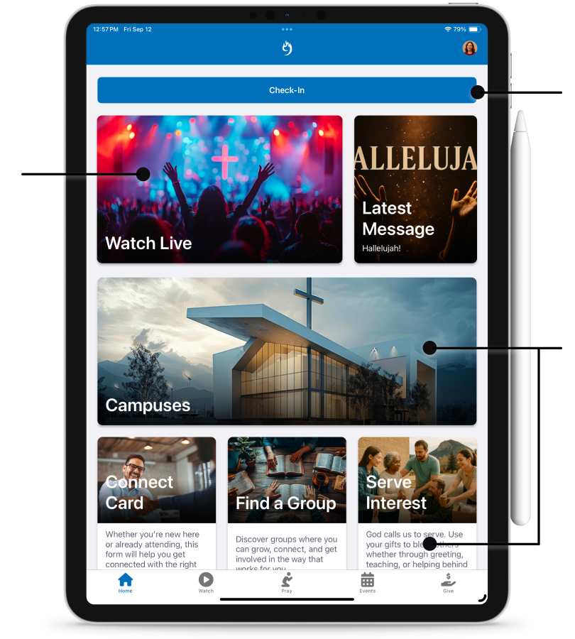 9 Embers offers a dynamic homepage for your Rock Mobile app with check in button for logged in users, live or latest messsage always ready, and no code tile design options.
