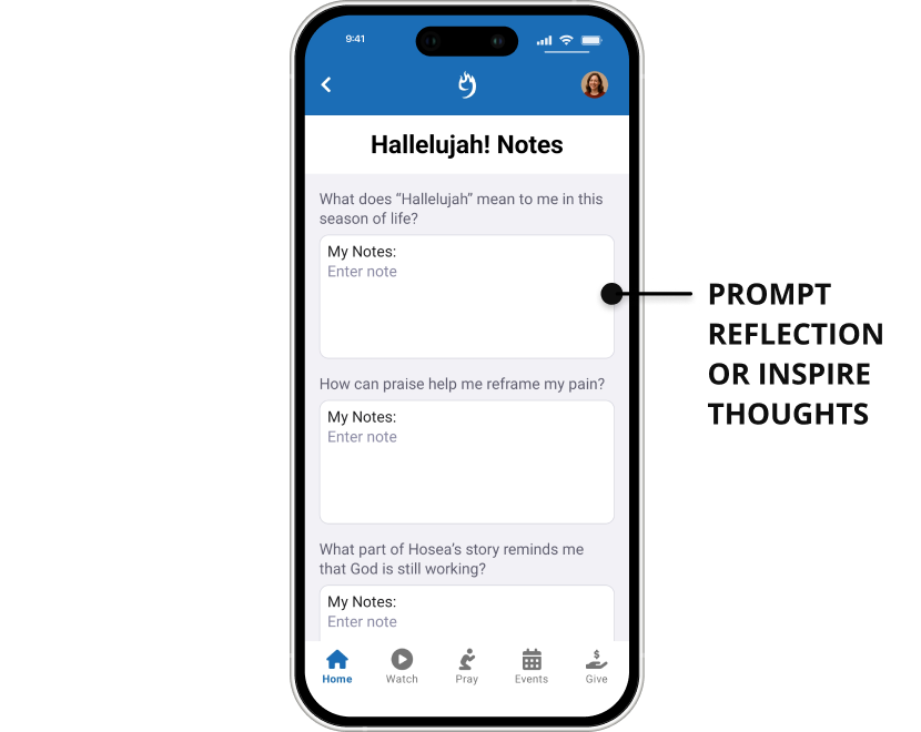 Use message notes in Compass Rock Mobile app built by 9 Embers to prompt reflection or inspire thoughts.