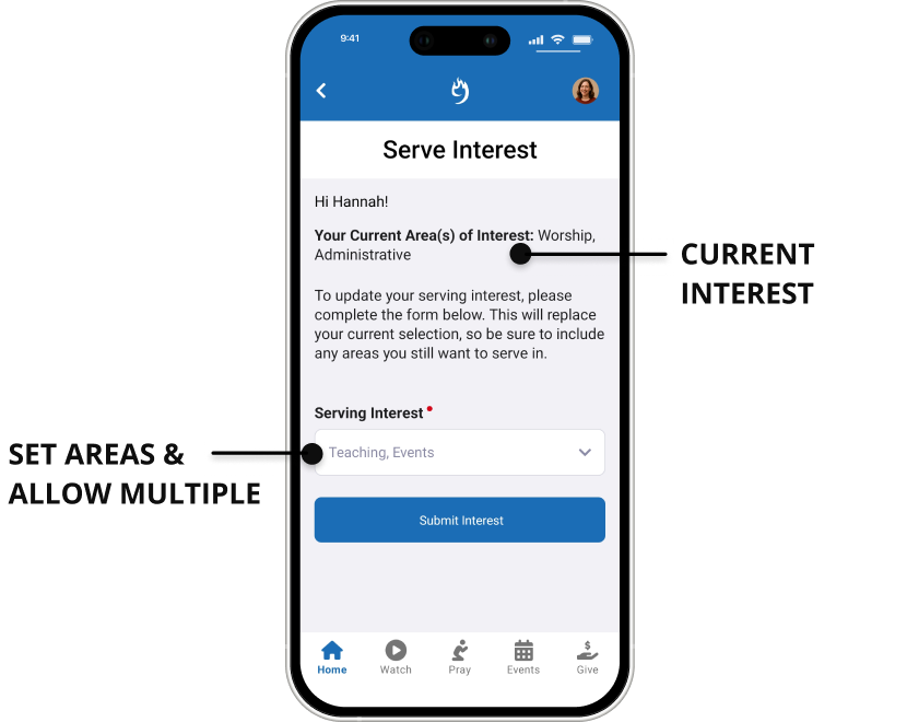 Recruit church volunteers through Rock Mobile serve interest feature built by 9 Embers.